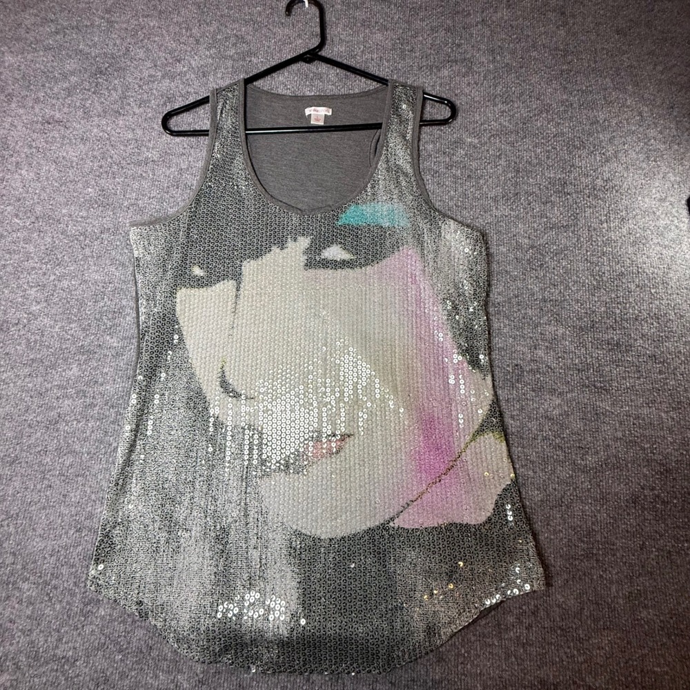 Xhilaration Womens Large Gray Sequin Pop Art Face Racerback Tank Top VN1110834